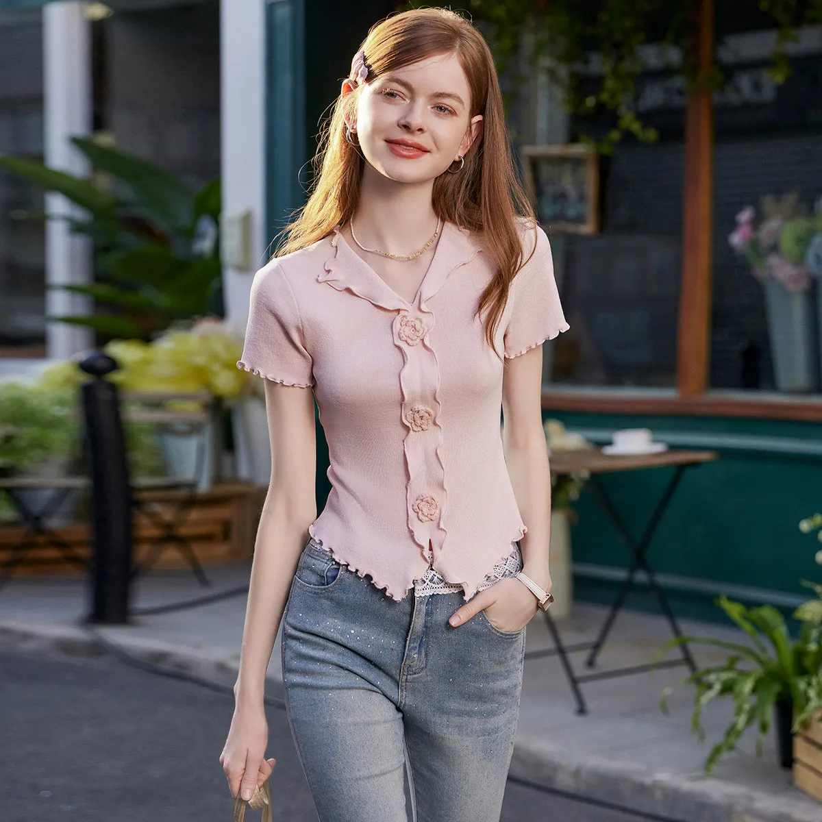LOUISYAO Women's Sweet V Neck Ruffle Trim Knit Top 2026 Spring Summer Short Sleeve Slightly Stretchy Slim Fit Shoulder Blouse
