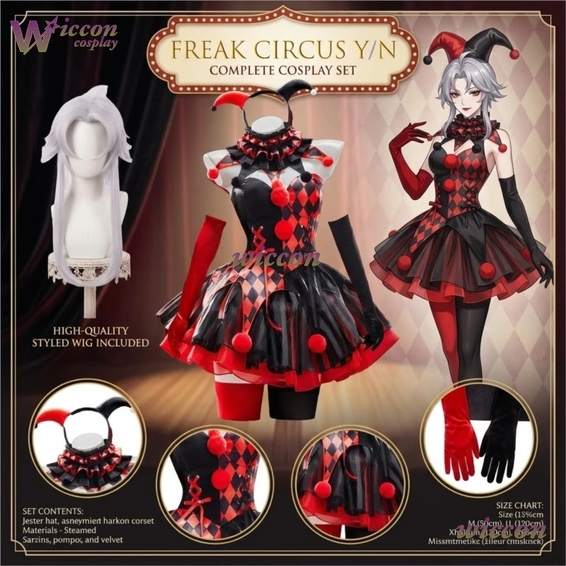 owia* Original Freak Pierrot Circus Gothic Lolita Kleid Halloween-Kostüm Schwarz Rot Clown Narrenkostüm für Aufführungen Dark Fant