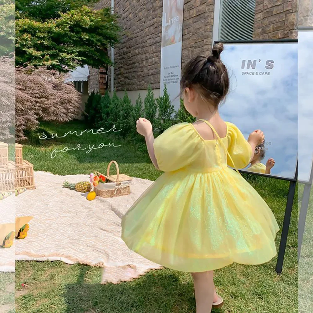 2021 Summer Kids Girls Puff Sleeve Dress Korean Stylish Baby Girls Shiny Yellow Tulle Fairy Princess Dresses Children Clothes