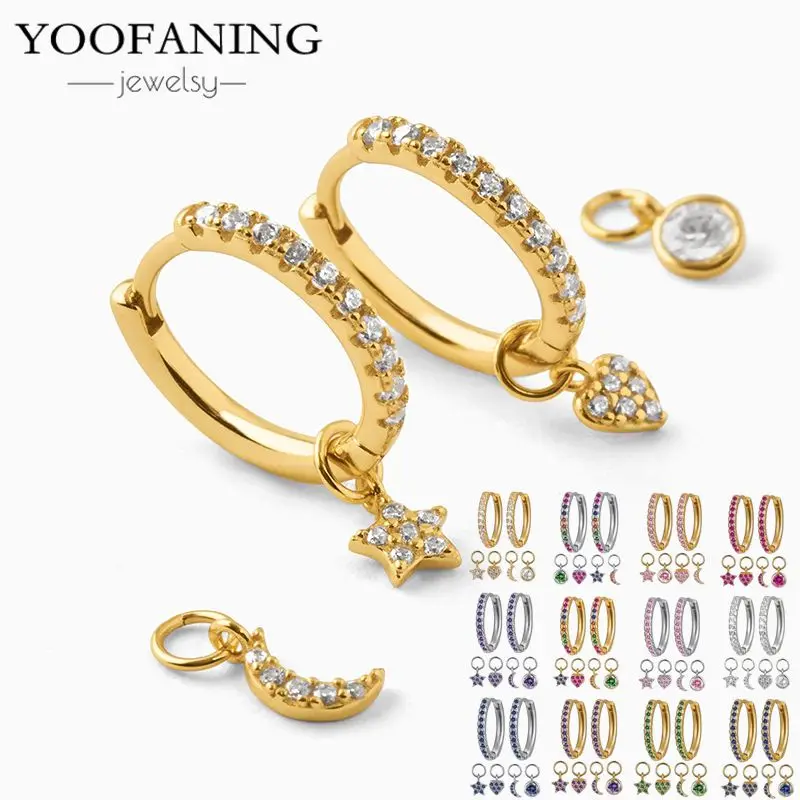 

New Star/Moon/Lightning/Heart Hoop Earrings Sets 925 Silver Ear Needle CZ Crystal Small Earrings for Women Fashion Jewelry Gift