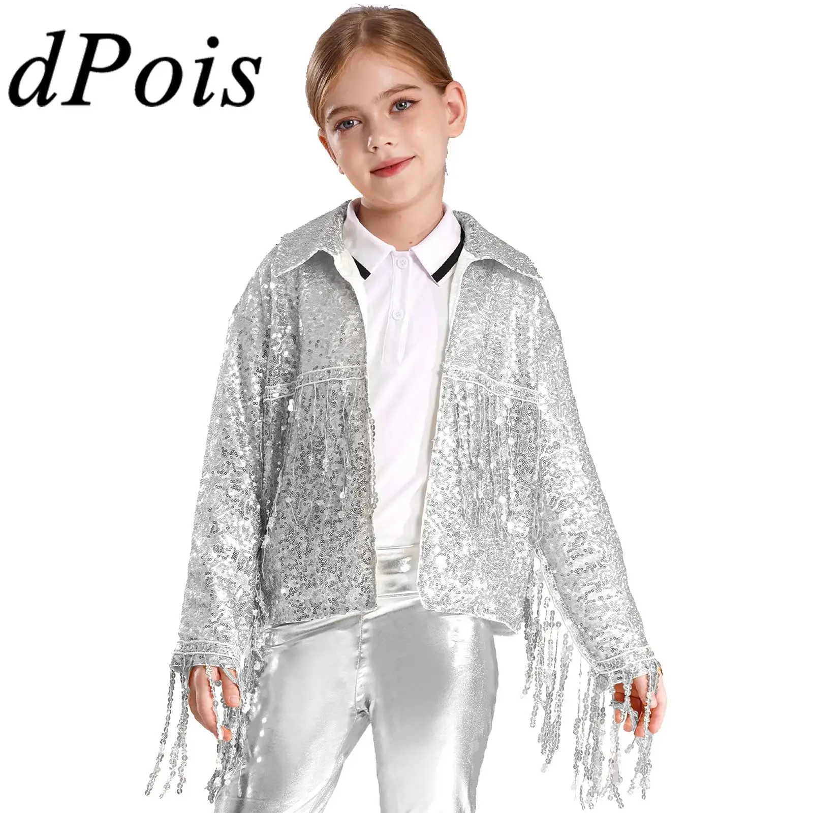 Kids Girls Sparkly Sequin Tassel Jacket Birthday Party Gift Stage Performance Costume Street Dance Outwear Fashion Children Coat