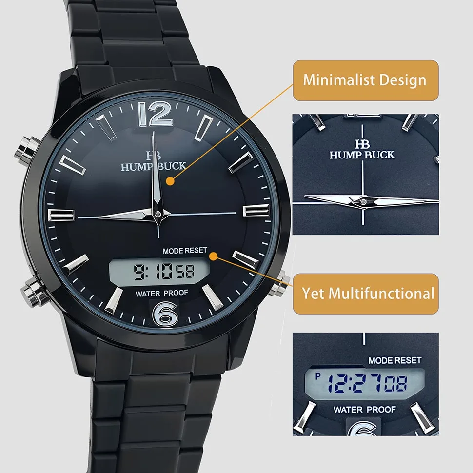 HUMPBUCK Orologio da polso impermeabile da uomo con doppio orario e display digitale Orologio sportivo multifunzionale in stile militare