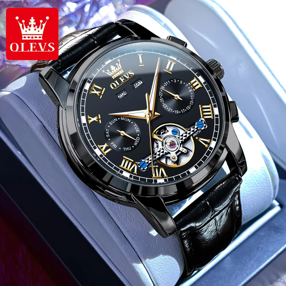 

OLEVS 6607, мужские часы, модный кожаный ремешок, полый маховик, автоматические механические наручные часы для мужчин, роскошные брендовые мужские часы