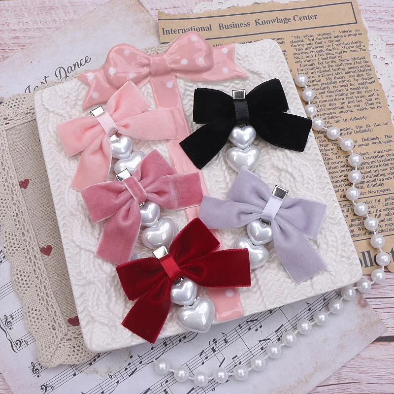 Y2K украшение для волос для девочек, бархатный бант, кукольный милый декор в виде сердца, заколка для волос, боковой зажим, головной убор, женский для Lo Girl