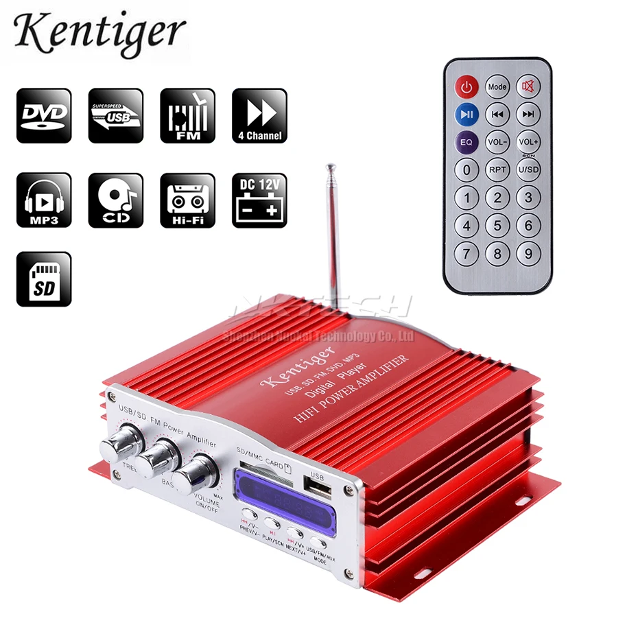 Digital Player Kentiger Car Hi-Fi Power Amplifier 4-CH RMS 20W Stereo Audio DVD MP3 USB SD MMC Card FM Radio BASS Amplifiers