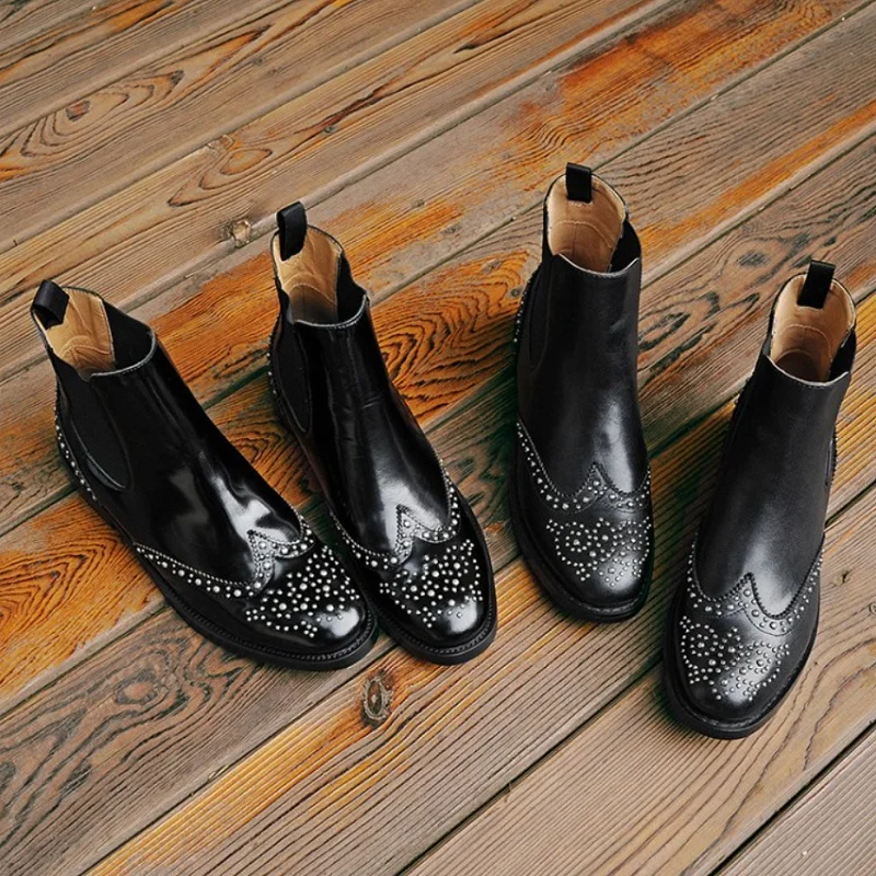 Genuine Leather Classic Chelsea Boots Woman Slip On Ladies Rivets Ankle Boots Simple Comfortable Winter Warm Shoes Size 43