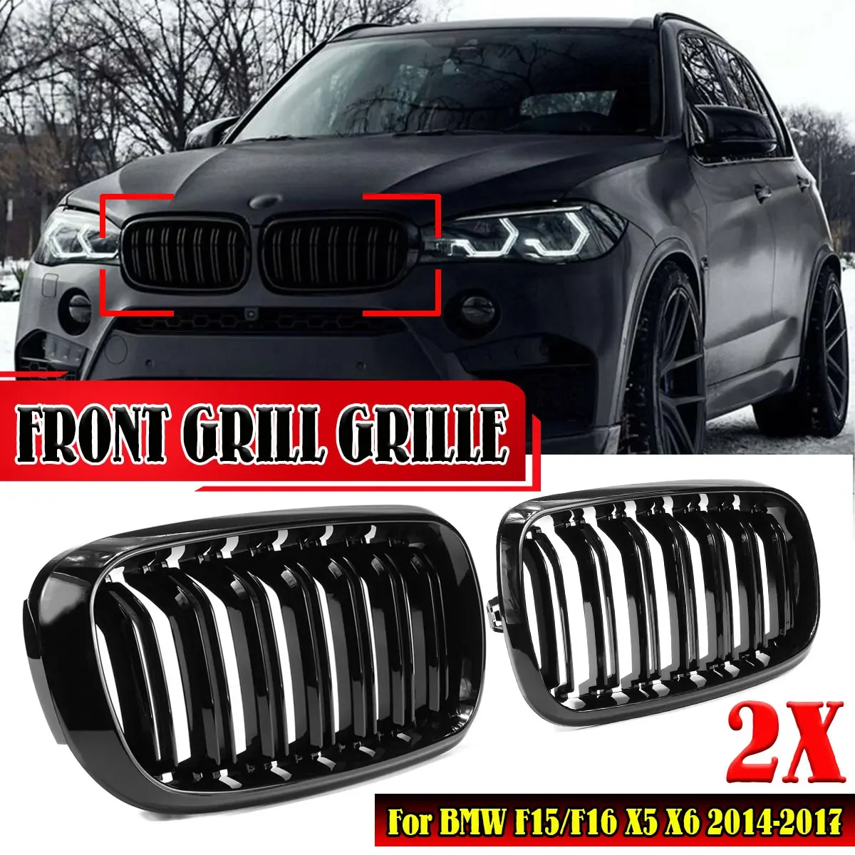 for Gloss Black Car Grille Grill Front Kidney 2 Line Double Slat