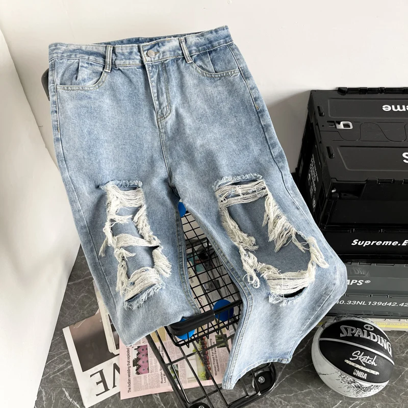 Trendy Men's Jeans Casual Thin Loose Straight Leg Nine Points Pants Summer Street Style Jeans with Hole Middle Waist Zipper