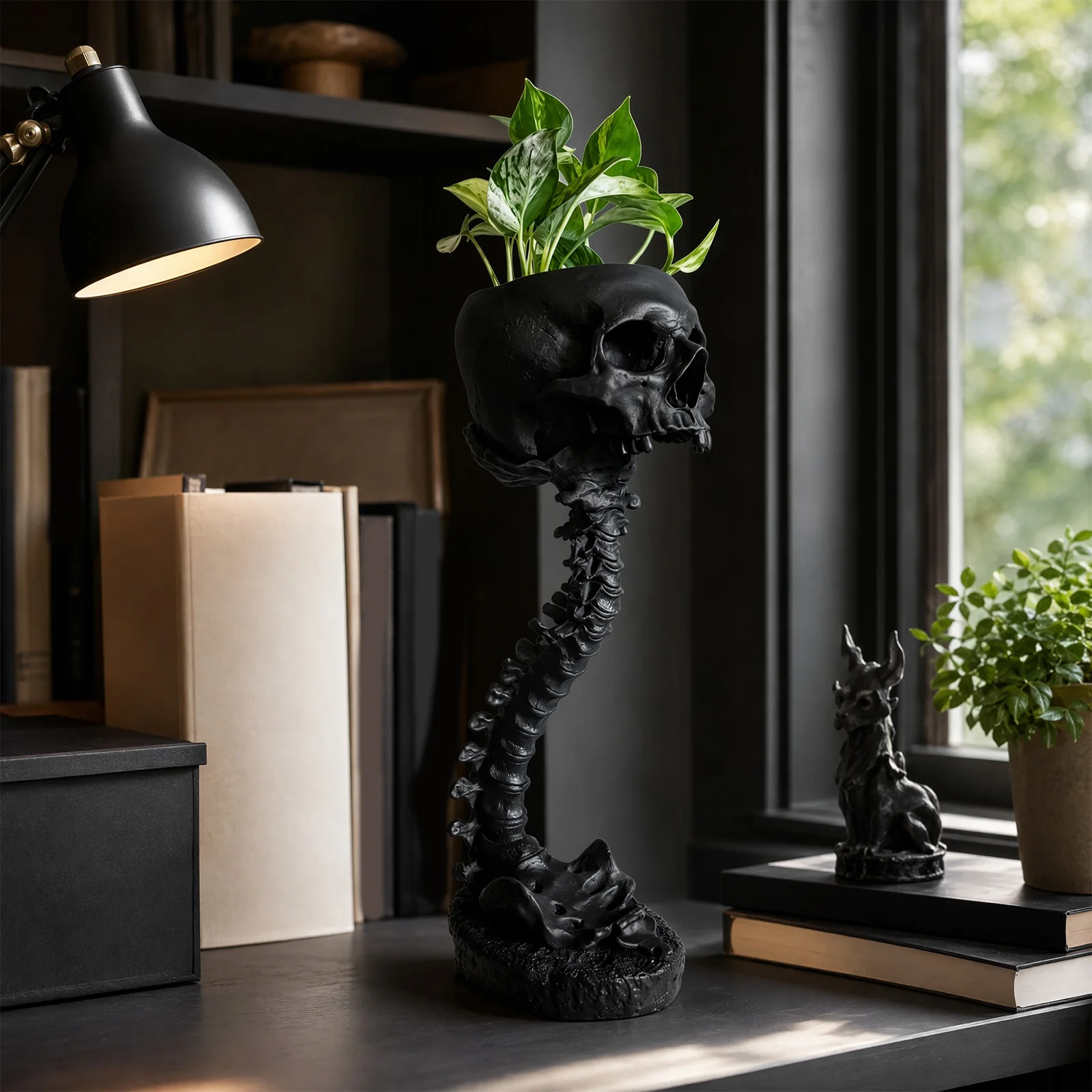 Skull Planter Resin Gothic Decor Spine Stand Succulent Pot Halloween Art Sculpture Home Garden