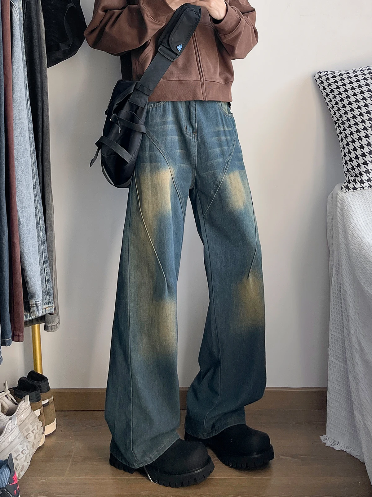 

Men's adient Dyed Waed Sports Jeans Loose Straight Leg High Street Retro Sle Casual Wear Spring Autumn Seasonal Jeans