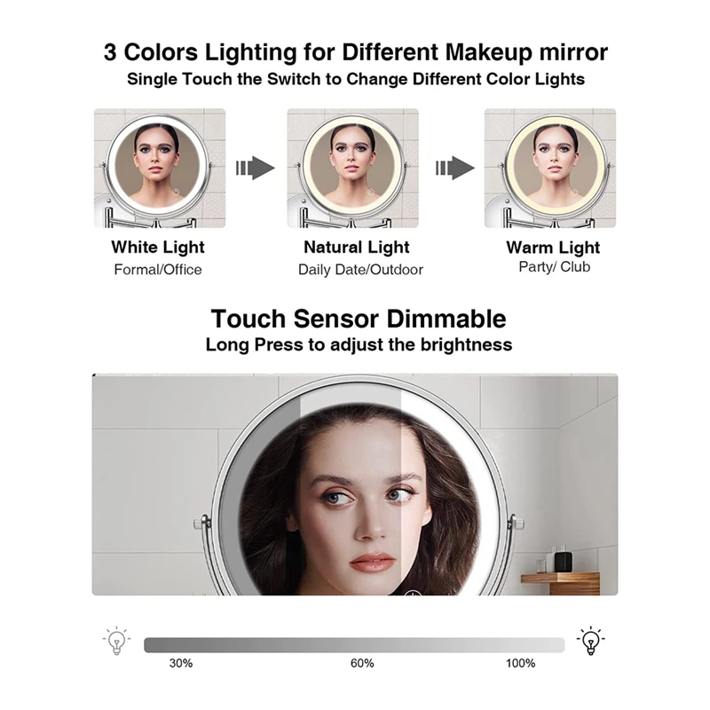 8In ชาร์จติดผนังโต๊ะเครื่องแป้ง/ห้องน้ํากระจกสองด้าน 1X/10X ขยาย LED และ 3 สีอุณหภูมิหน้าจอสัมผัส 360 °   หมุน