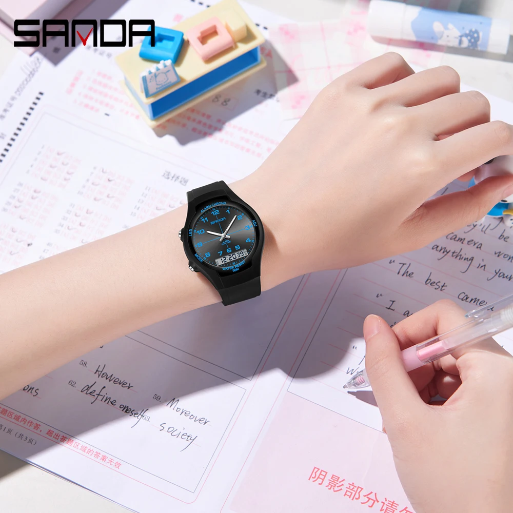 SANDA6320 New Dual Display Electronic Watch Fashion Waterproof Women's Watch Night Light Student Quartz Sports Watch Men's Clock