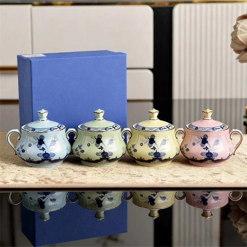 Oriental Series Ceramic Double Handles Coffee Sugar Tanks High-end Exquisite Household Table Sugar Bowl with Lid