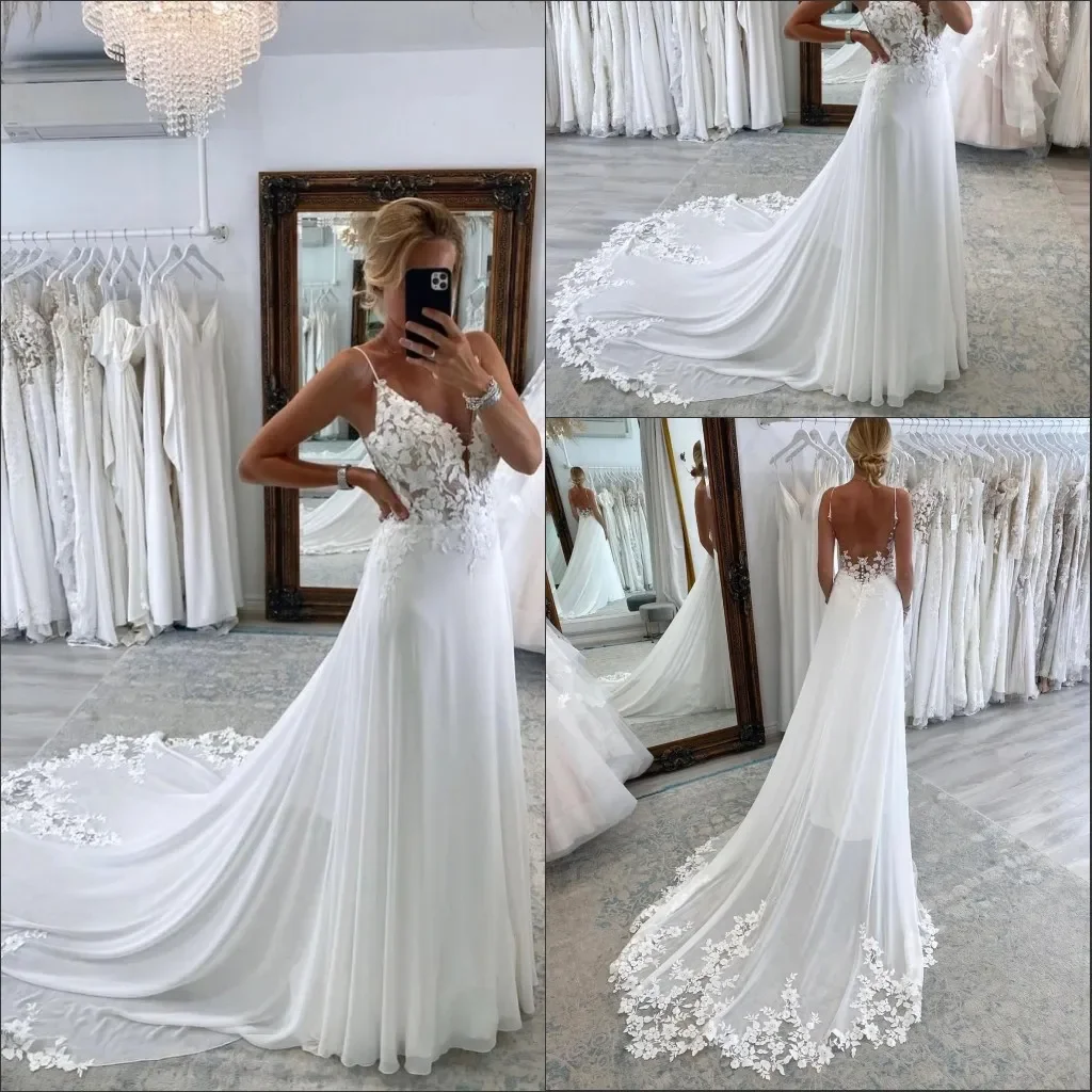

Boho Lace A-Line Wedding Dress with Spaghetti Straps and Appliques Chiffon Beach Bridal Gown Open Modern Brides Dress Customized