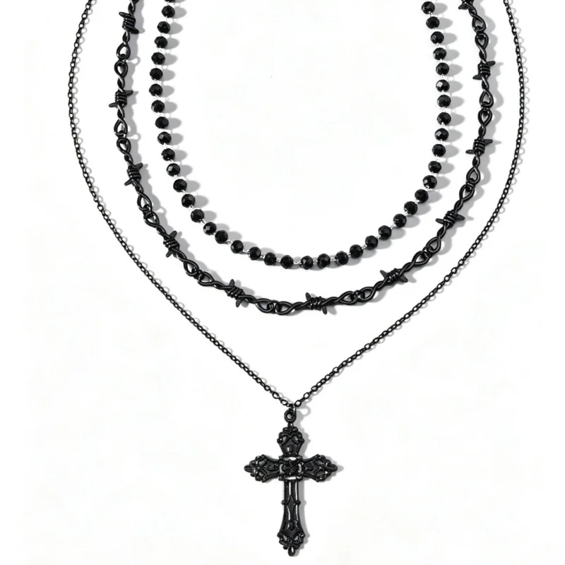 3-piece black Gothic necklace set with barbed wire, black beads, vintage cross pendant, multi-layer stackable necklace, jewelry