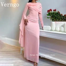 Verngo Pink Chiffon Women Evening Dress Saudi Arabic Dubai High Neck Dubai Prom Gown Long Sleeves Pleated Sheath Floor Length