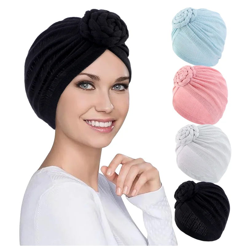 Novas mulheres muçulmano turbante chapéu de algodão nó superior flor decoração headwrap senhoras capa de cabelo gorro lenço quimio boné bandanas