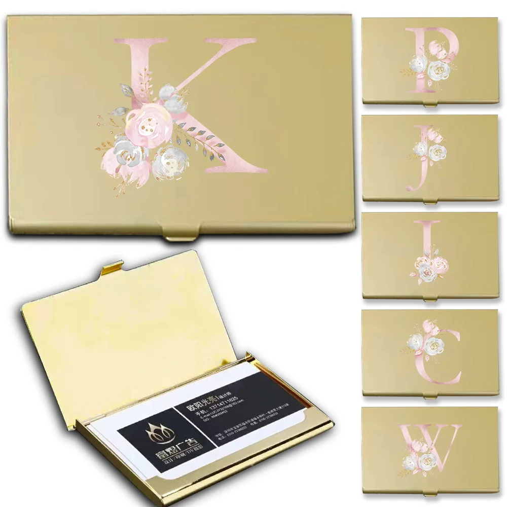 

Waterproof Office Business Card Storage Box Metal Visiting Card Case Desktop Card Exhibition Holder Pink Flower Letter Pattern