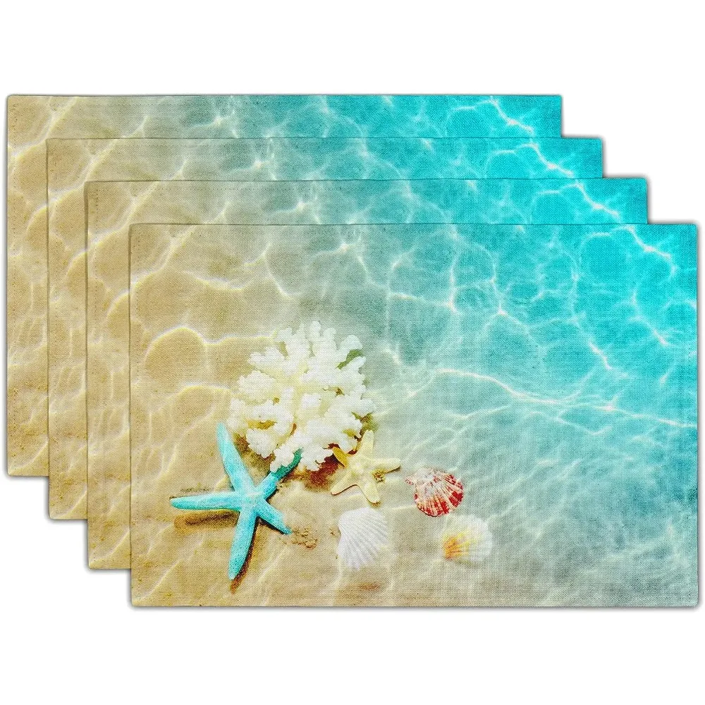 Ocean Starfish Placemats Set of 4 Nautical Seashell Coral Coastal Linen Table Placemats for Dining Decor Non-Slip Heat-Resistant