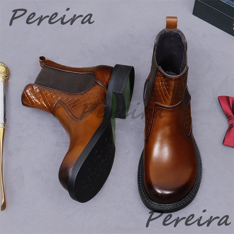 

Autumn Winter Business Chelsea Boots Round Toe Embossed Genuine Leather Thick Soled Short Boots British Style Trendy Men Shoes