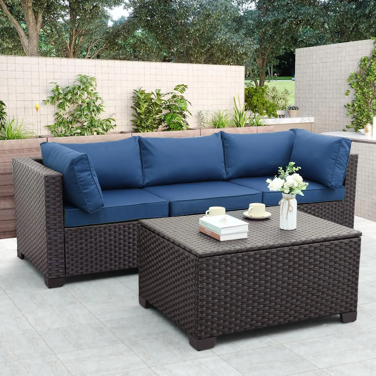 Outdoor Pe Wicker Couch tisch-Harz Rattan Terrassen tisch Gartenmöbel Hinterhof Aufbewahrung tisch mit wasserdichter Futter tasche