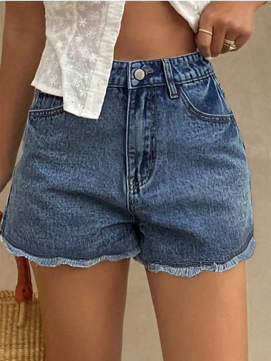 

Women Mid Waist Straight Non-Stretch Frayed Denim Shorts Casual Retro Daily Wear