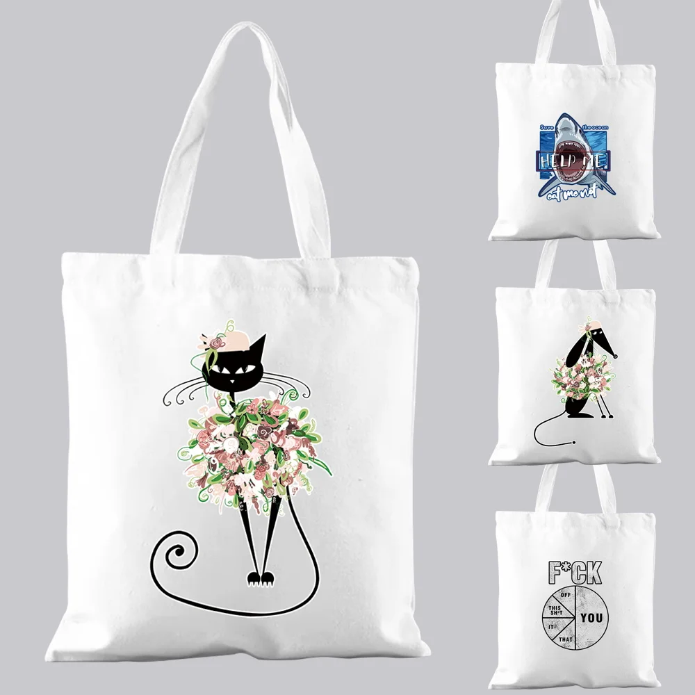 

Shopping Bag Ladies White Casual Handbag Commuter Pattern Printing Fresh Color Printing Canvas Single Room Fashion Reusable