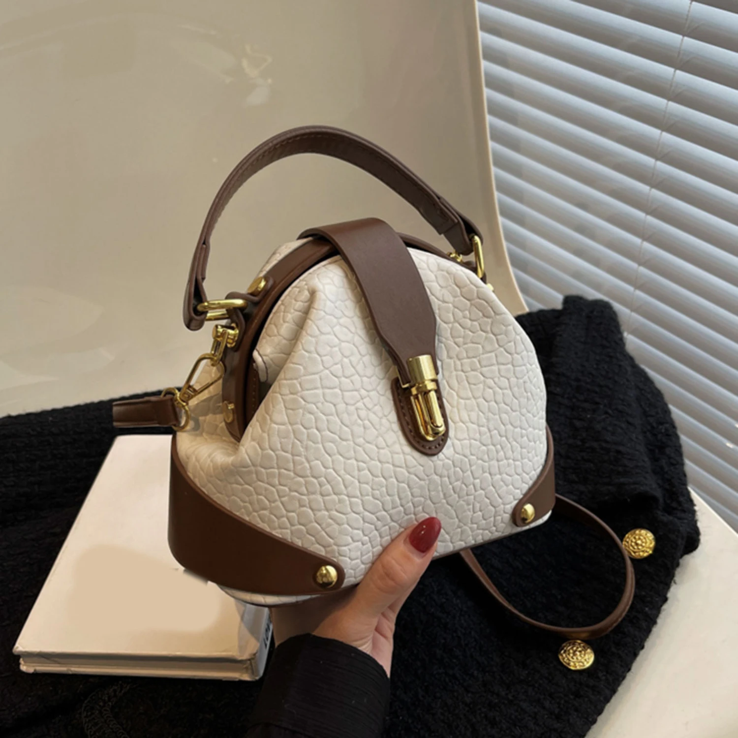 

Colorblock Satchel Bag, Trendy Textured Lock Handbag For Women, Commuter Bag