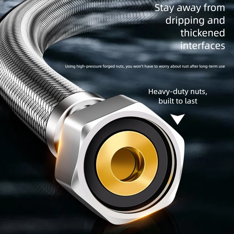 خرطوم صنبور مضفر 304 SS - مقاوم للانفجار، مانع للتسرب، صامولة ثقيلة، موصلات ساخنة/باردة قابلة للانحناء، ذهبي/فضي