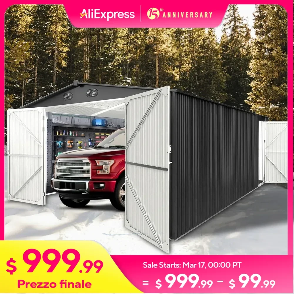 10x20 Outdoor Storage Shed with 2 Lockable Doors and 4 Air Vents, Prefab Metal Garage Building, Large Tool Shed