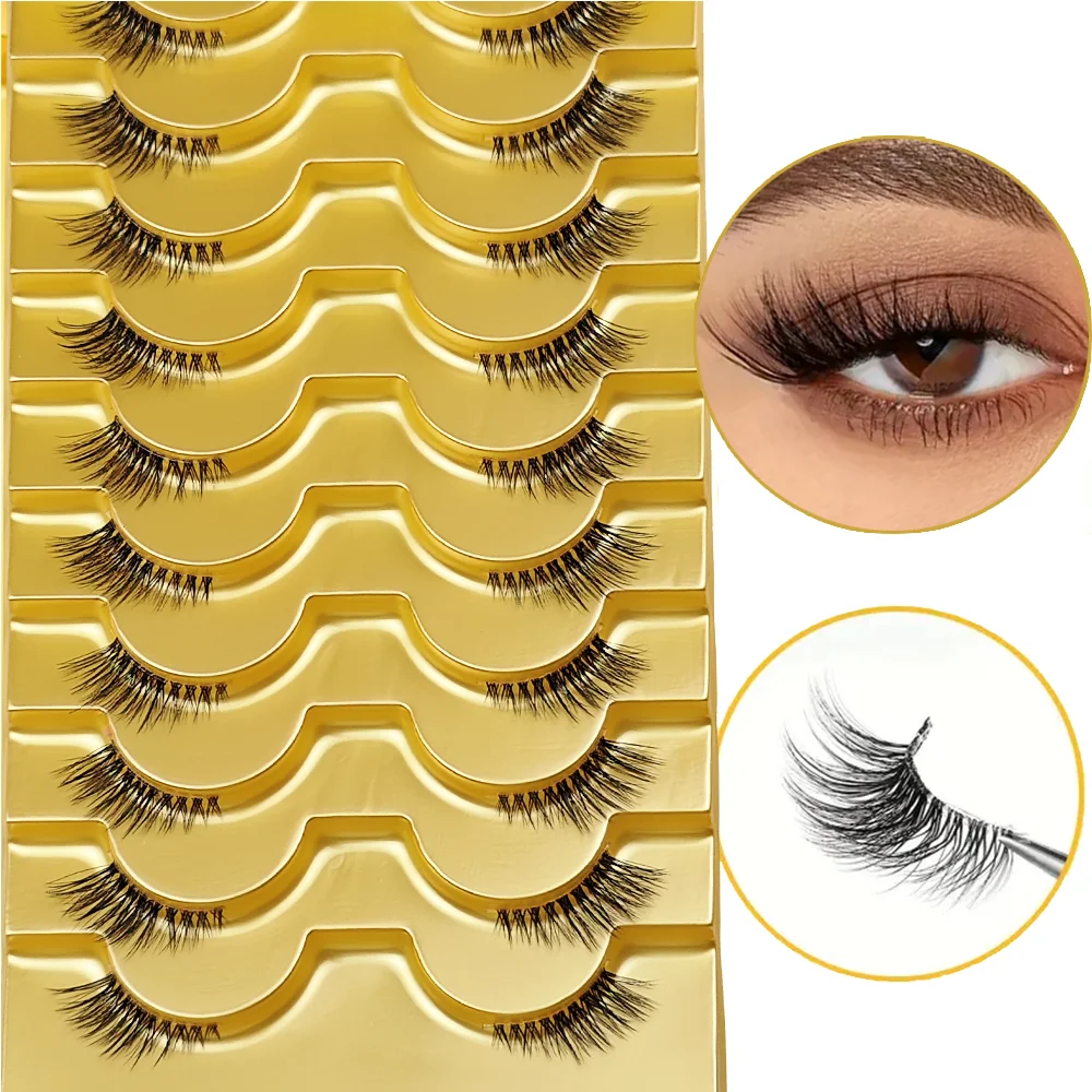 10 Pairs Best-Selling Beginner-Friendly Cat-Eye False Eyelashes – Clear Band, Outer Corner Design for Eye Elongation