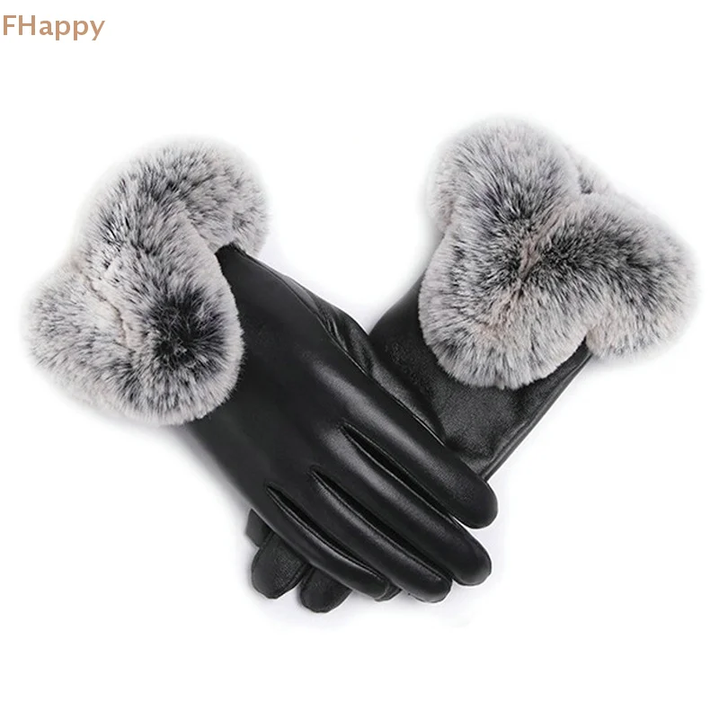 1 Pair Women Winter Warm Gloves Women Lady Black PU Leather Gloves Autumn Winter Warm Rabbit Fur Mittens Warmth Warmer Mittens