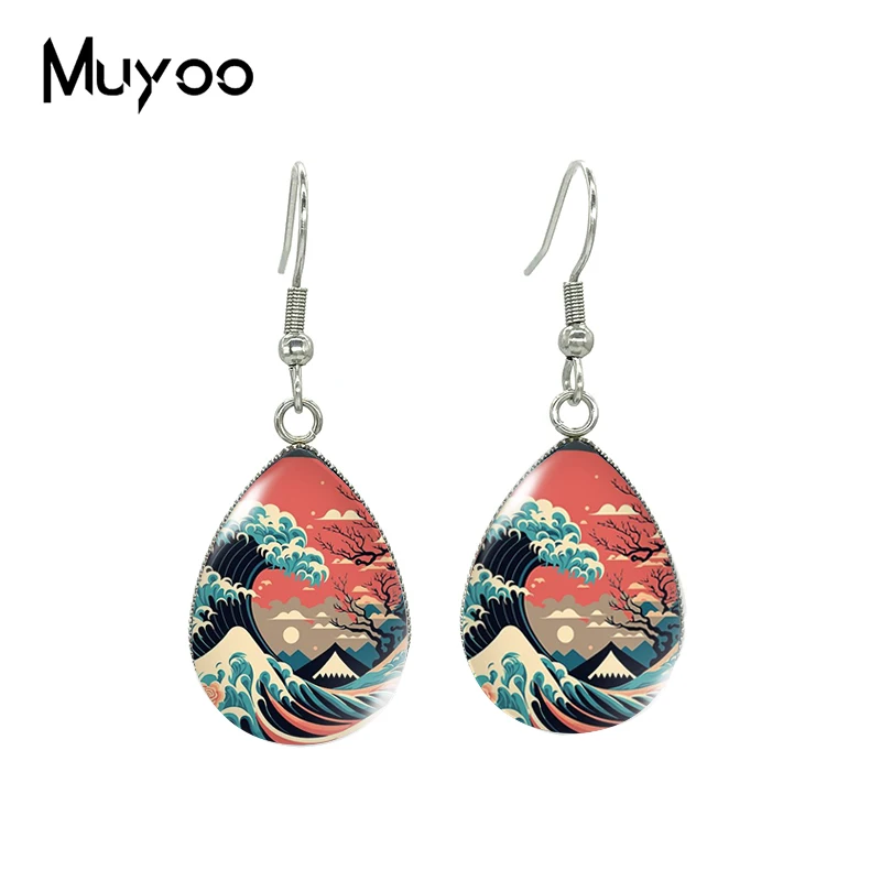 2023 New Japanese Style Tear drop Earring Lotus Wave Fish hook Earrings Glass Cabochon Jewelry Handmade Items