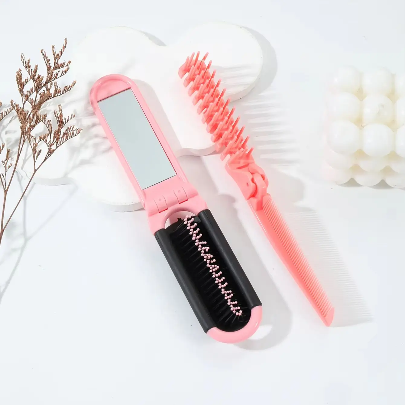 مجموعة فرش قابلة للطي مكونة من قطعتين، مشط مرآة وسادة هوائية محمولة، مشط برأس مزدوج واسع وناعم المسنين خاص للشعر المستعار الحقيقي