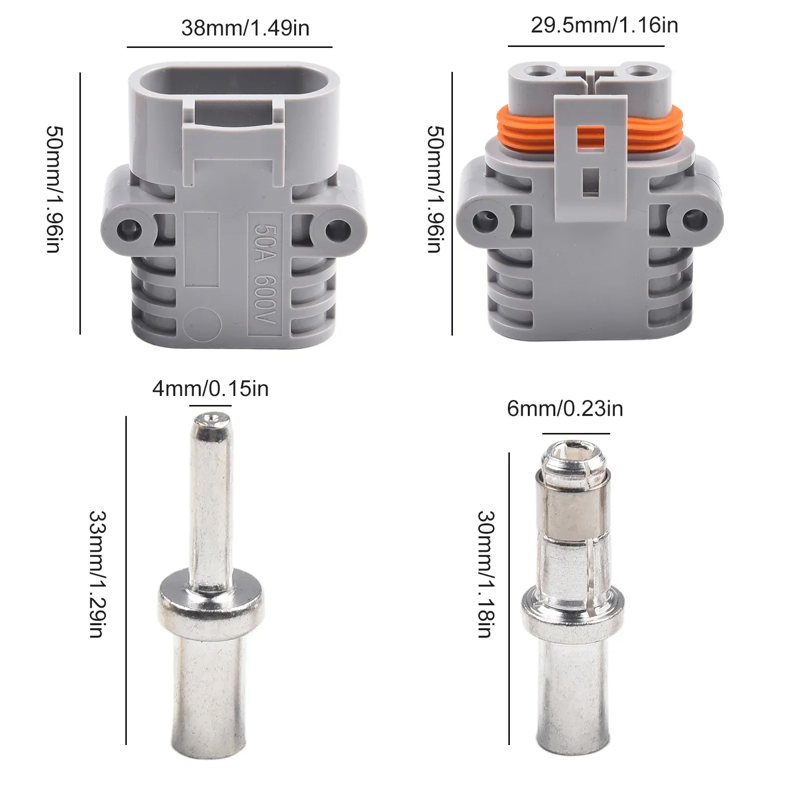 Male Female Connector 1 Set 50A 600V PPO Straight Plug -20 C To 105 C 10mm Wire Diameter Dustproof Gray UL94-V0