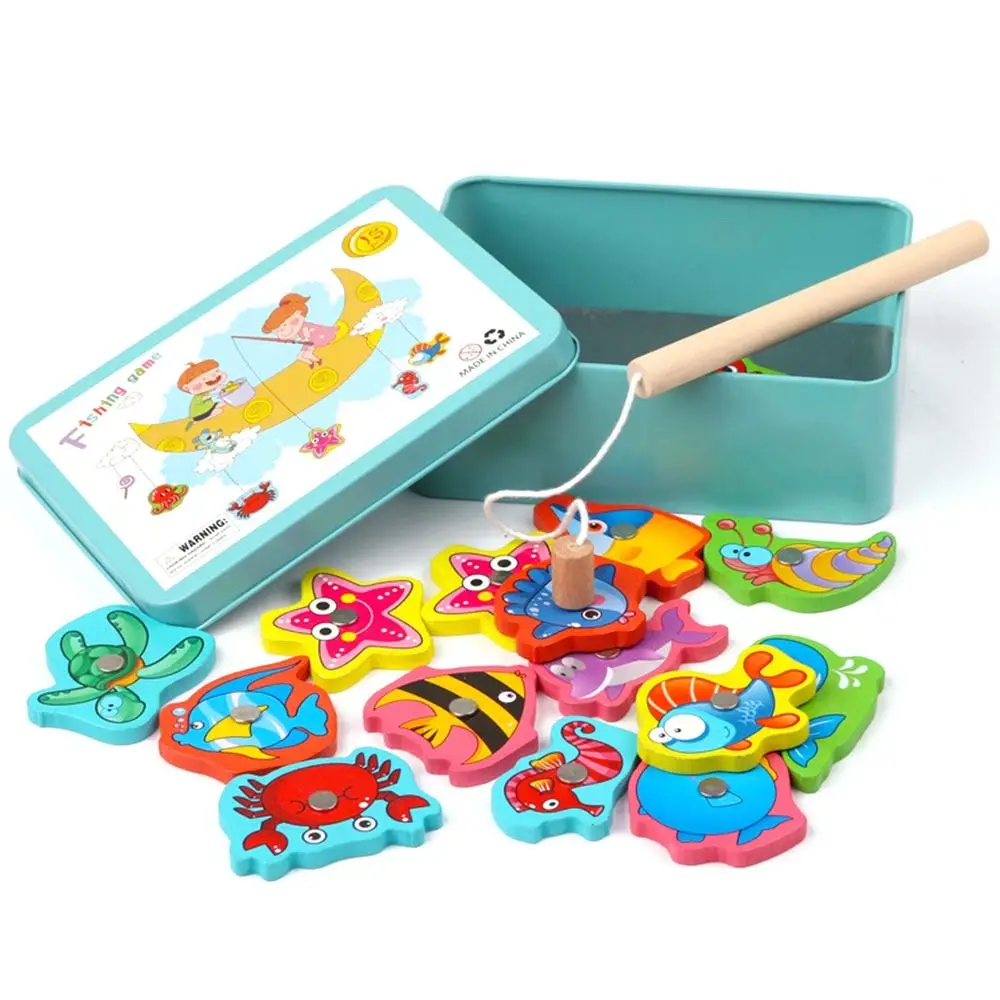 Multicolor Montessori Fishing Game Wood Cartoon Fish Fish Catching Game Magnetic Design Interactive Toy Educational Toy