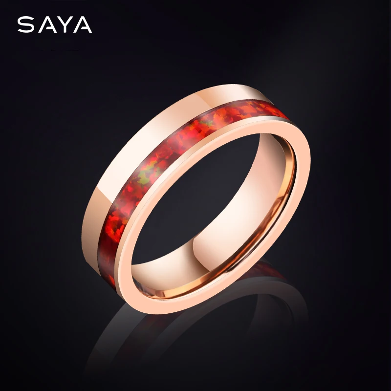 

Stylish Couple Rings for Men Women Tungsten Inlay Red Opal Personalized Wedding Jewelry Customized Lettering