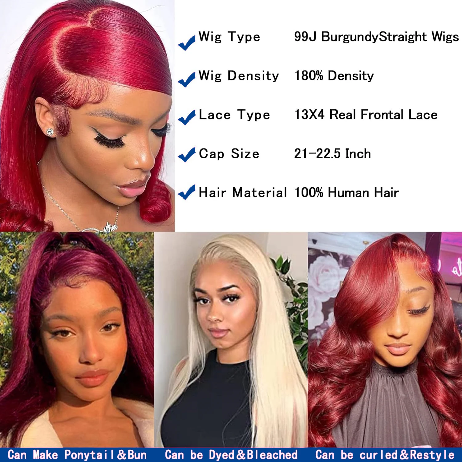 Perruque Lace Front Wig Naturelle Bouclée, Cheveux Lisses, Deep Wave, Couleur Rouge Bordeaux 99J, 13x4 HD