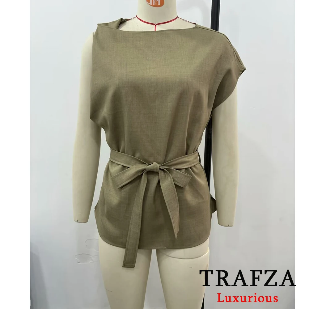 TRAFZA Casual Khaki Denim Women Suits Sleeveless Sashes Loose Tops+High Waist Wide Leg Pants Fashion 2024 Summer Female Sets