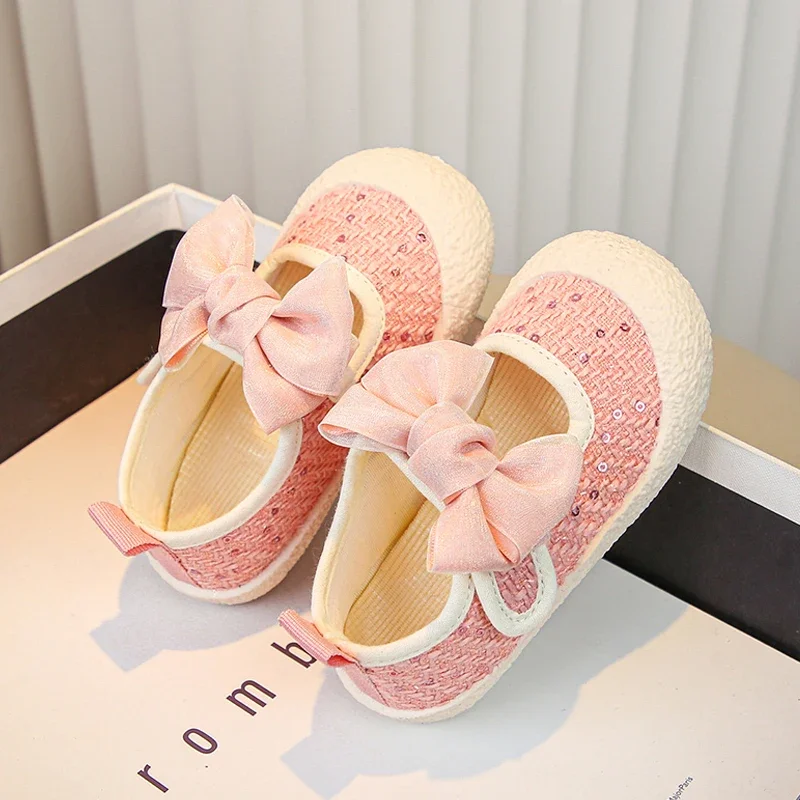 Sweet Pink Purple Tweed Ballet Flats For Baby Kids Bling Sequins Bowknot Mary Jane Shoes Toddler Girls Soft Sole Canvas Loafers