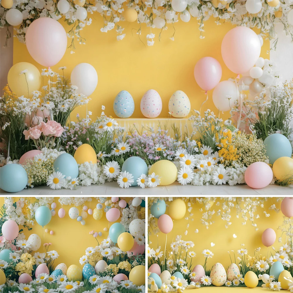 Happy Easter Eggs Photography Background Daisy Party Spring Yellow Flower Balloon Birthday Decor Kid Portrait Photocall Backdrop