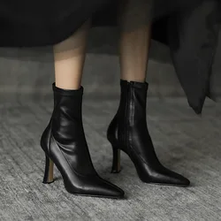 2024 Pointed Toe Women's Ankle Boots Fashion Back Zippers Short Botas Ladies Elegant Square High Heel Winter Women's Footwear