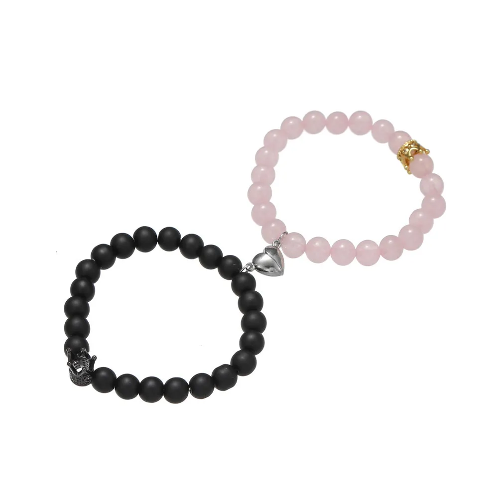 

2Pcs/Set Lovers Heart Couple Magnetic Distance Bracelet Minimalist Matching Friendship Bracelet Pink Quartz Stone Lover Jewelry