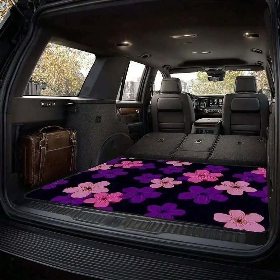 Car Trunk Mat With Pink And Purple Floral Print - Pet Friendly Durable Polyester Cargo Liner For SUV Sedan CUV