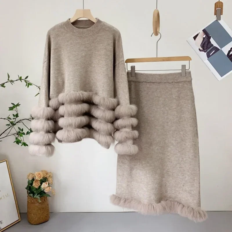 

Lady's Sweater Skirt Set with Real Fox Fur Trim Cuff Fashion Ins Natural Fox Fur Jacket Women Autumn Winter Warm Clothing