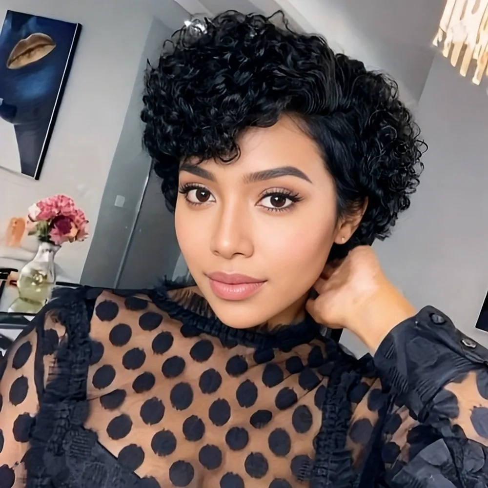 شعر مستعار قصير مجعد بطبقات 13 × 1 على شكل حرف T من الدانتيل باللون الأسود للنساء للاستخدام اليومي للحفلات شعر مستعار بقص عابث شعر مستعار بشري