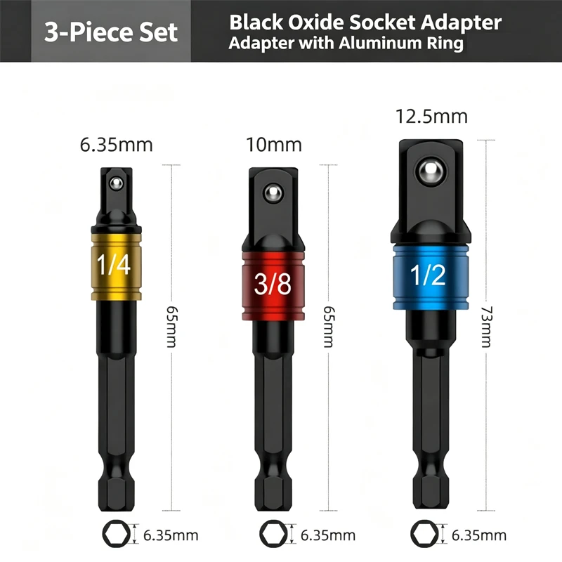 3PCS Black Oxide Socket Adapter 1/4 3/8 1/2 Inch Hex Shank Extension Rod with Aluminum Ring Socket Drive Converter