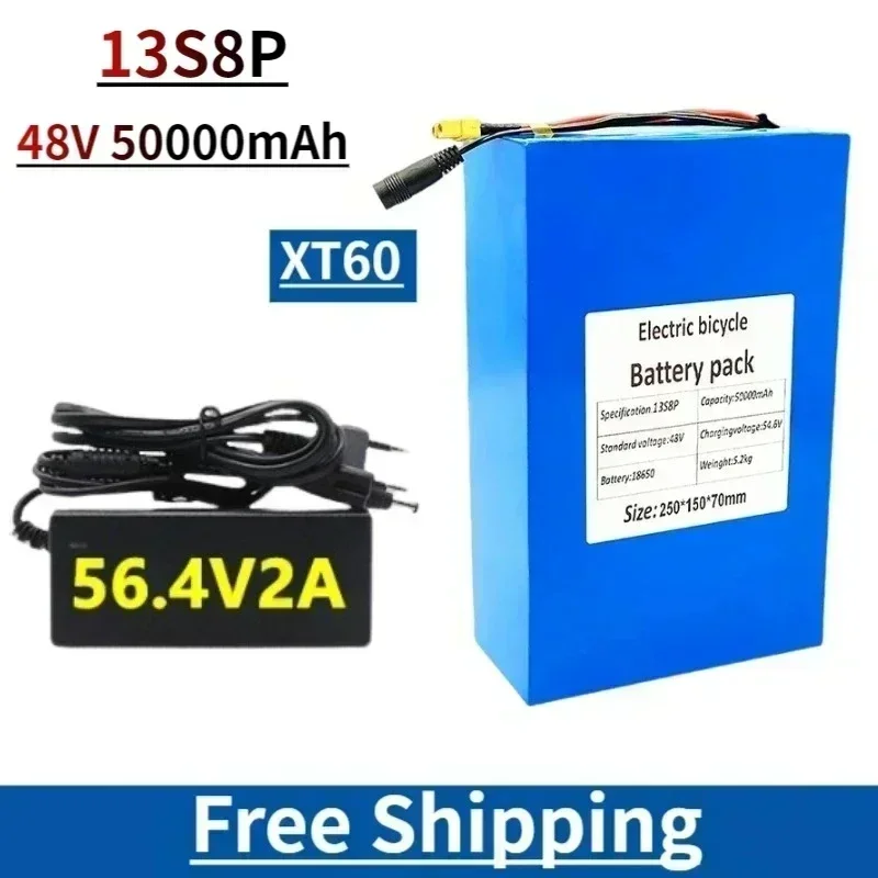 

Новый аккумулятор 18650, 48 В, 13S8P, 50000 мАч, литиевый аккумулятор, 1000 Вт, встроенный BMS 50 А с зарядным устройством