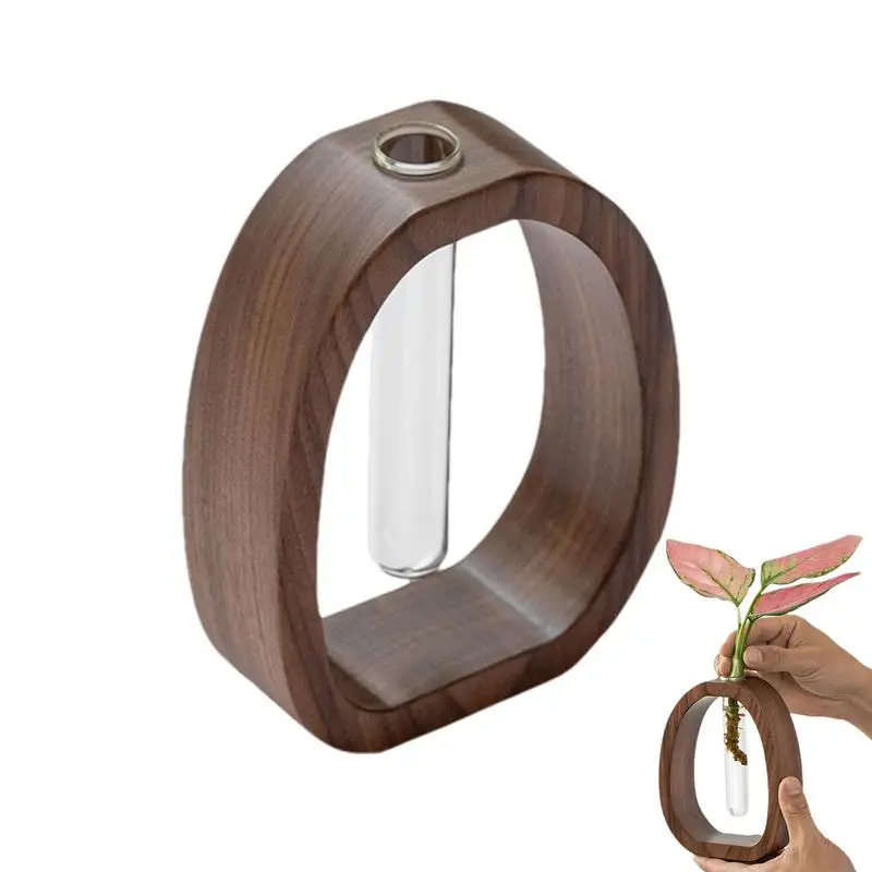 Florero de tubo de ensayo con soporte de madera, contenedor de vidrio hidropónico para interiores, decoración de oficina y hogar, planta acuática