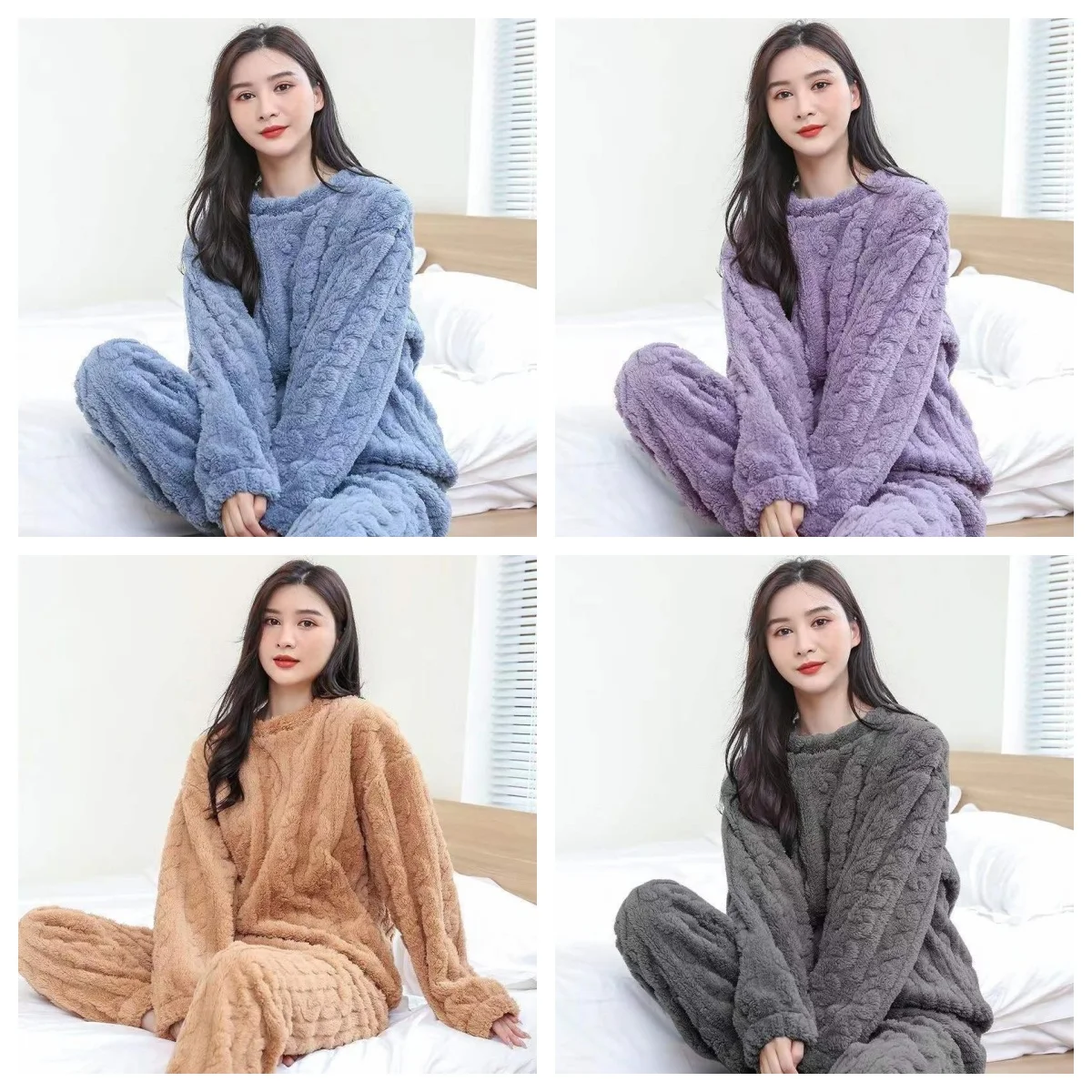 

2PCS Women Clothing set Winter Casual Fleecing Pajama Suit Warm Woolen Velvet cartoon Loungewear Set Top Elastic Waist Pants